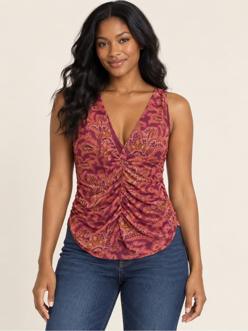 NWT Anthropologie Burgundy Paisley Ruched V-Neck Top SZ Med
